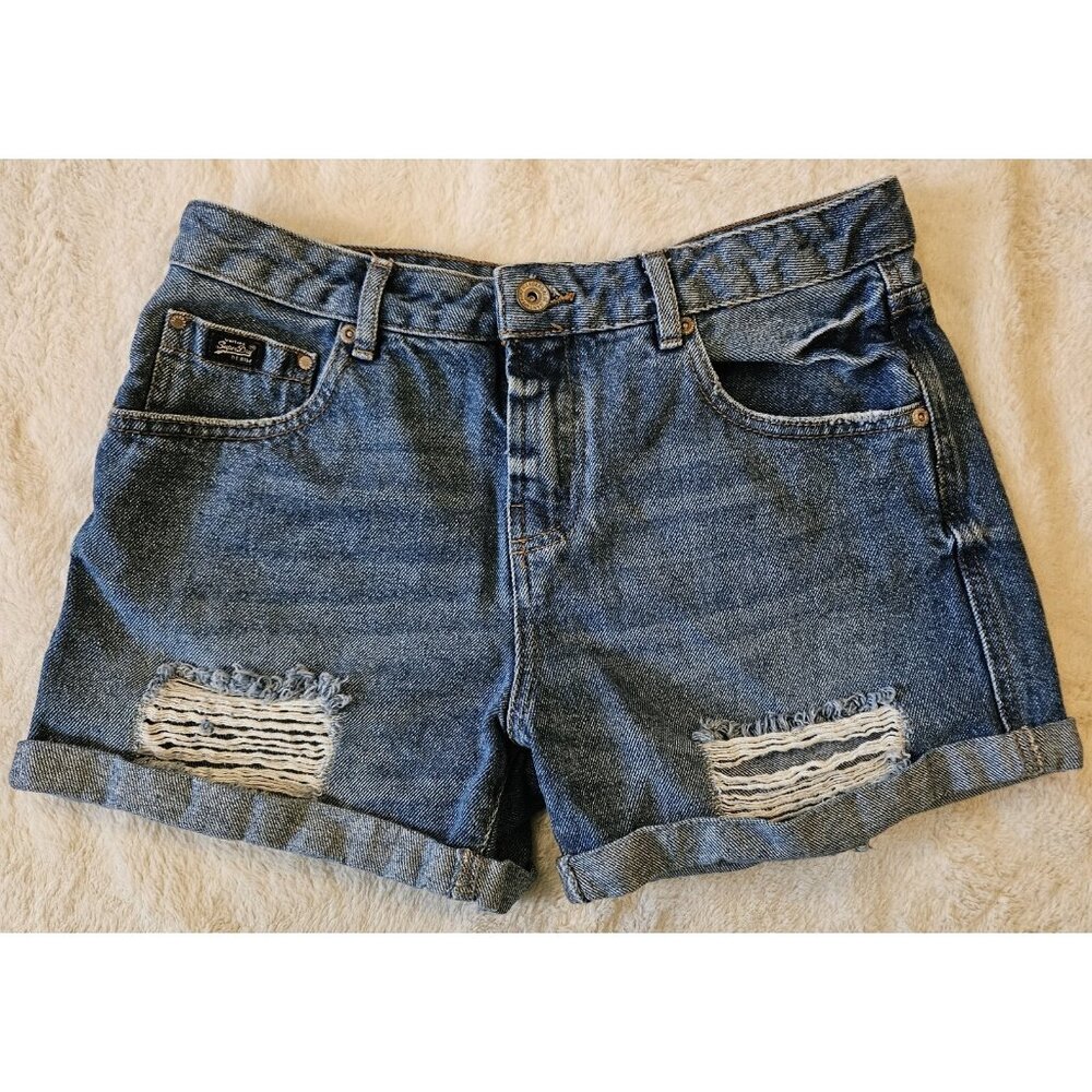 Superdry Distressed Denim Jean Shorts Womens Size 27 W Blue Casual distressed